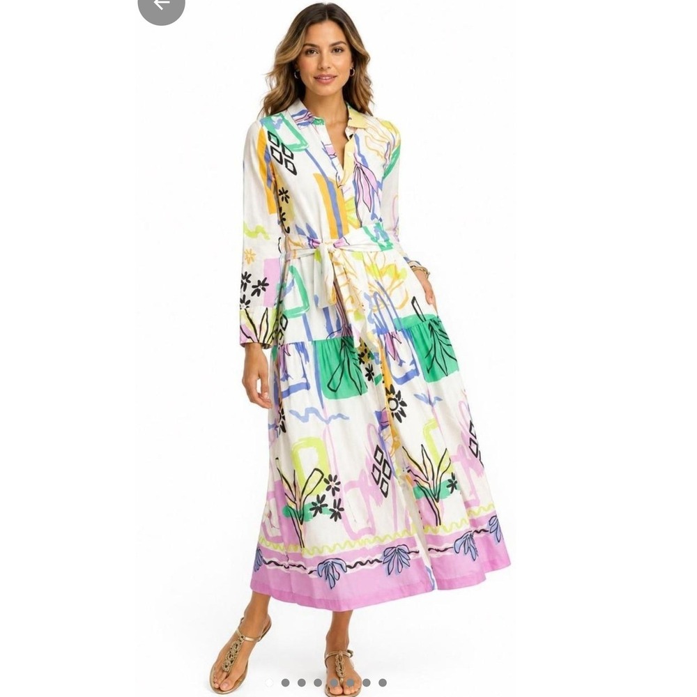 Chicos Silk Cotton Abstract Tiered Shirt Maxi Dress Multi Color Size 2 US 12 Art